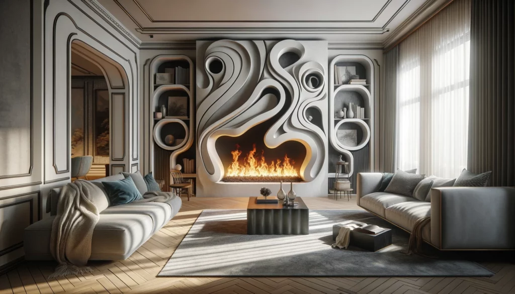 Photo of an artistic statement fireplace